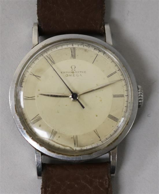 A gentlemans early 1940s stainless steel Omega Chronometer manual wind wrist watch, movement c.30T2 Sc Rg.